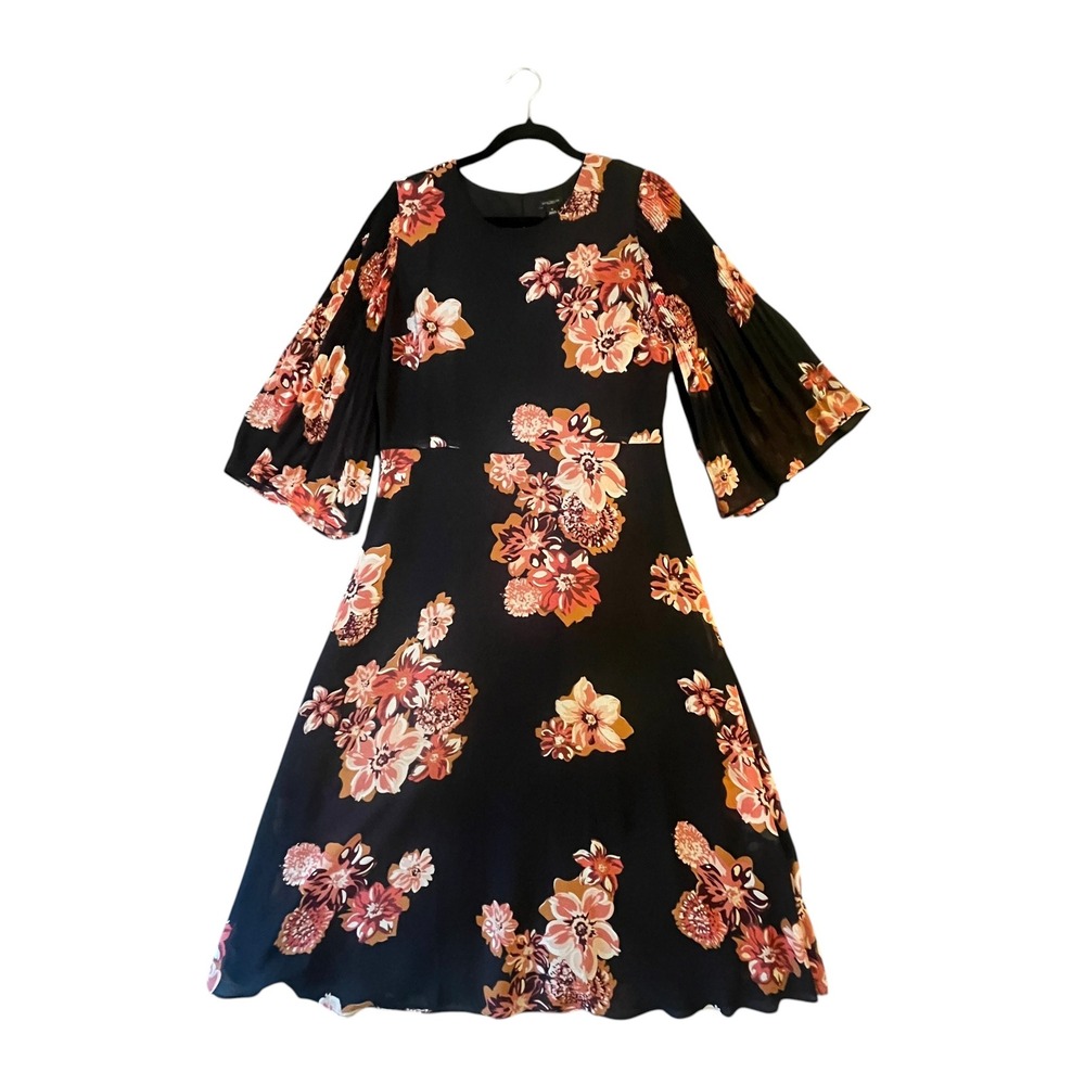 Ann Taylor Factory Floral Midi Dress Womens 10 Black Pleated Bell Sleeve Career